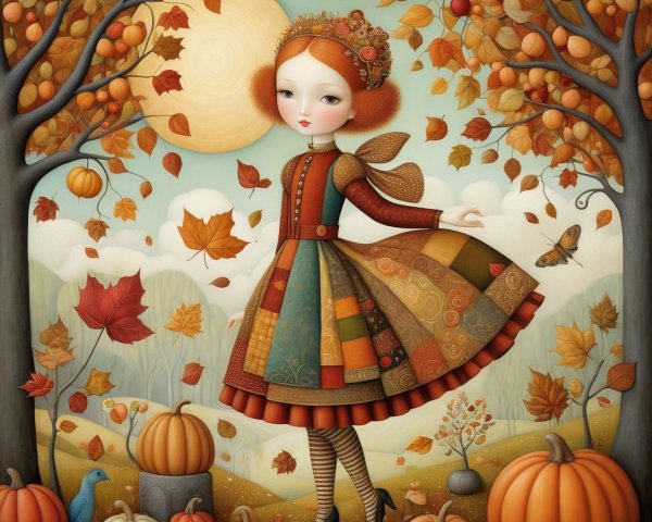Whimsical Autumn Scene with Dancing Girl and Leaves