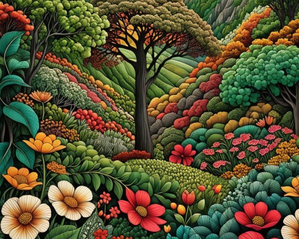 Vibrant Landscape with Lush Trees and Colorful Flowers