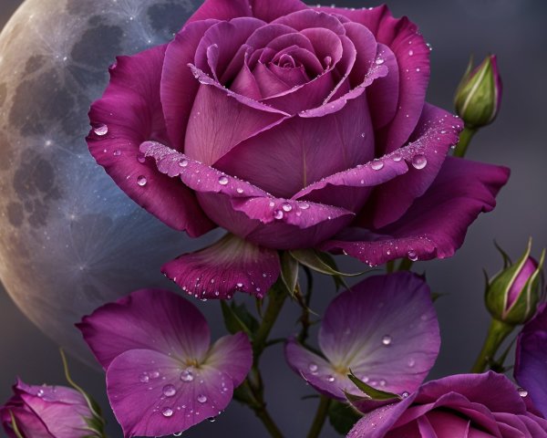 Close-Up of a Purple Rose with Dew and Moonlight