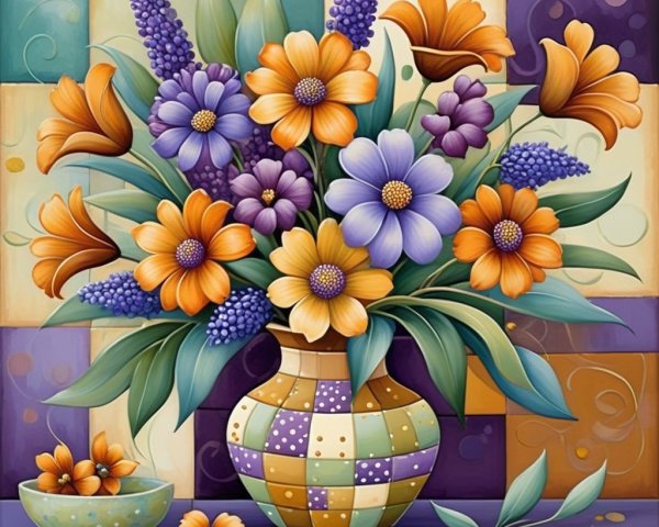 Vibrant Floral Arrangement in Patterned Vase with Pastels