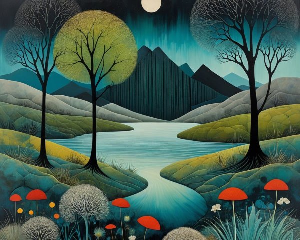 Serene landscape with river, hills, and vibrant flora