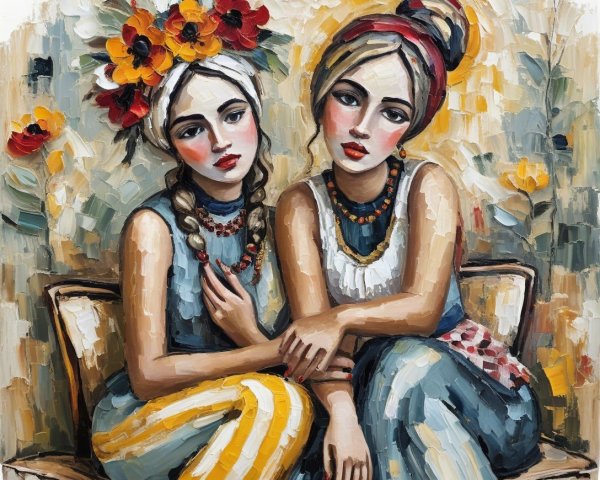 Elegantly Dressed Women with Floral Accents and Intimacy