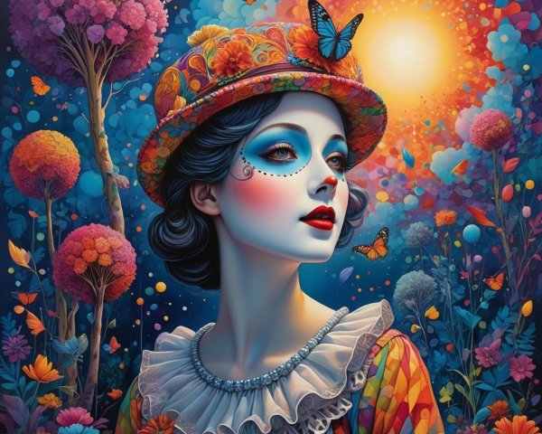 Surreal Portrait of a Woman with Colorful Hat and Flora