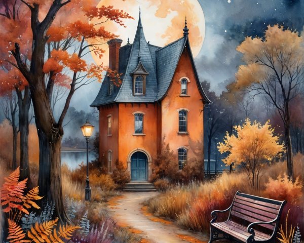 Whimsical Autumn Scene with Gothic Orange House