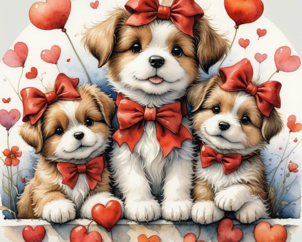 Three Adorable Puppies in Studio with Red Bows