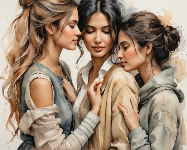 Three Women in Earth Tones with Watercolor Background