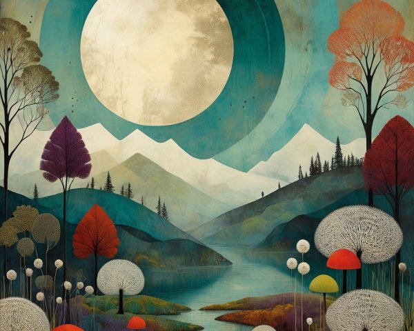 Serene Landscape with Moonlit Lake and Autumn Colors