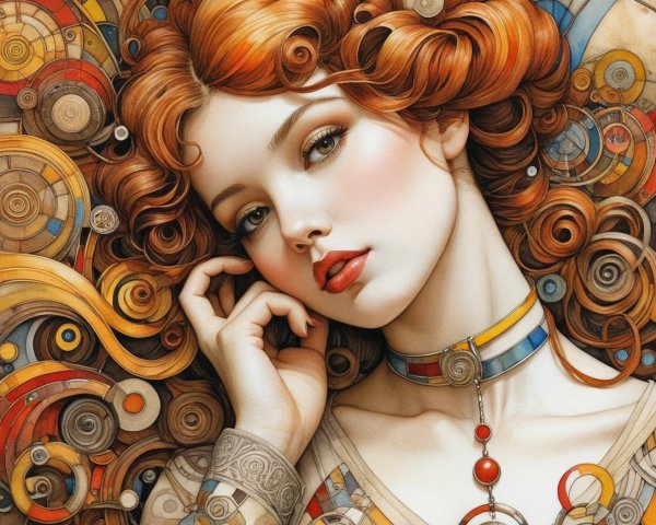 Stylized portrait of a woman with vibrant red hair