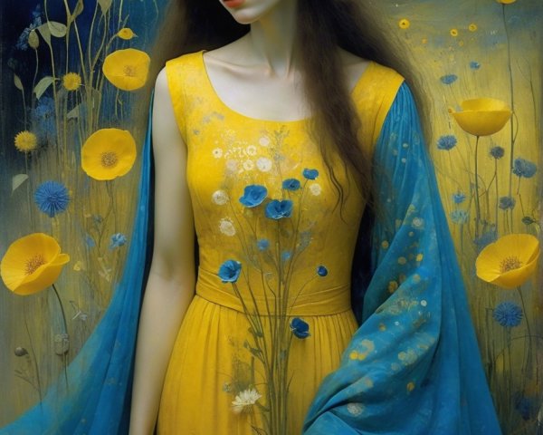 Serene figure in yellow gown among blooming flowers