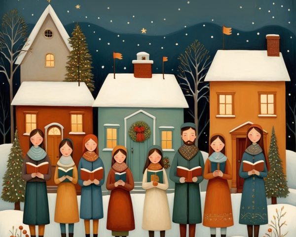 Winter Scene with Singers and Colorful Houses