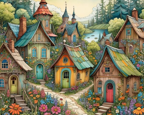 Whimsical Village with Colorful Houses and Nature