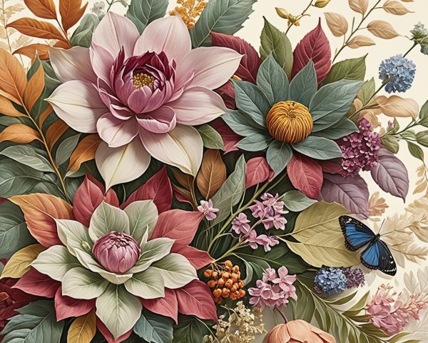 Vibrant Floral Composition with Lotus Flowers and Butterfly