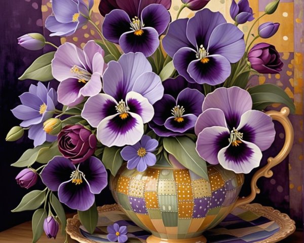 Vibrant Pansy Bouquet in Patterned Teapot Arrangement