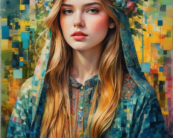 Young woman with floral crown in colorful abstract setting