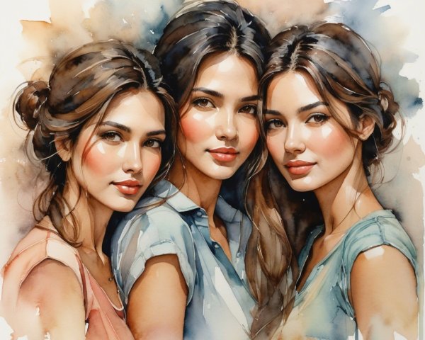 Watercolor Illustration of Three Women with Flowing Hair