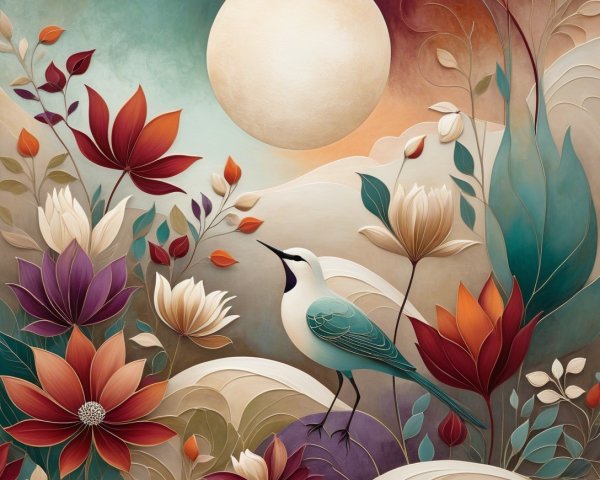 Vibrant Stylized Landscape with Colorful Bird and Sun