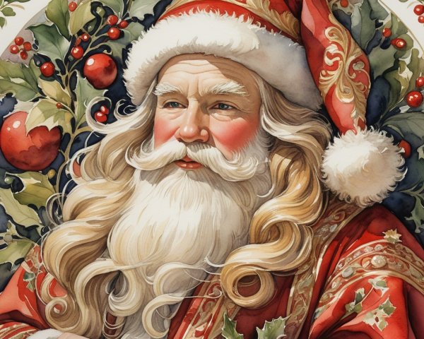 Jolly Santa Claus in Red Robe Surrounded by Holly