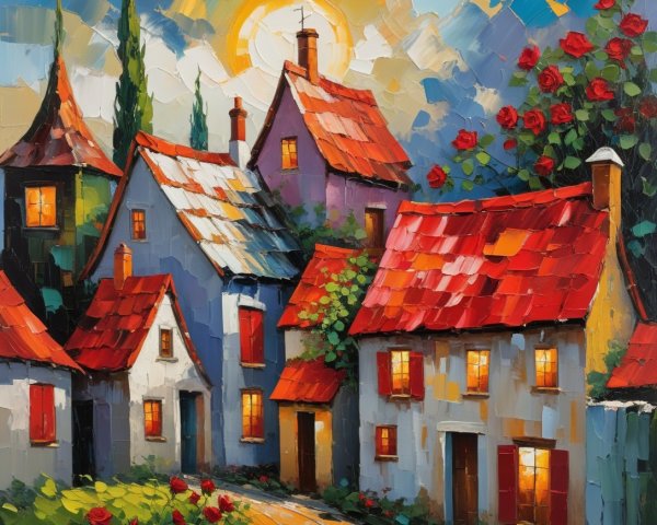 Vibrant Village Scene in Textured Impasto Oil Painting