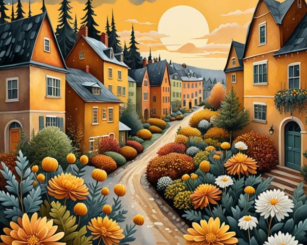 Colorful Village Scene at Sunset with Flower Beds