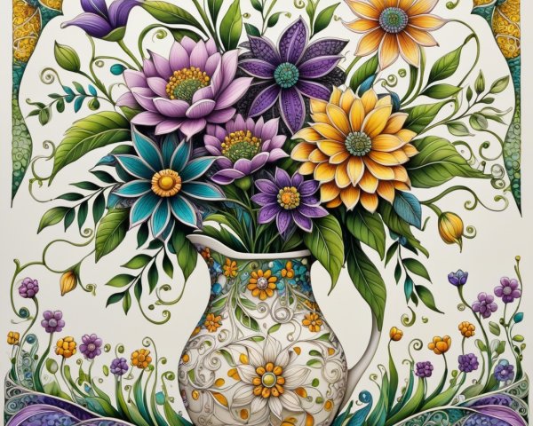 Vibrant Bouquet in Intricate Vase with Colorful Flowers