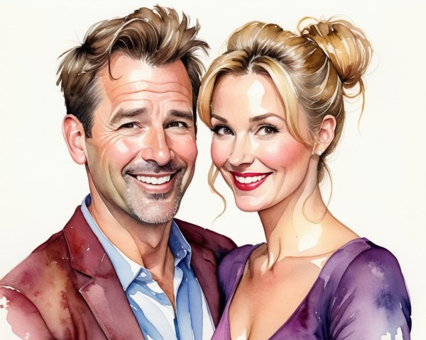 Vibrant illustration of a smiling couple in casual attire
