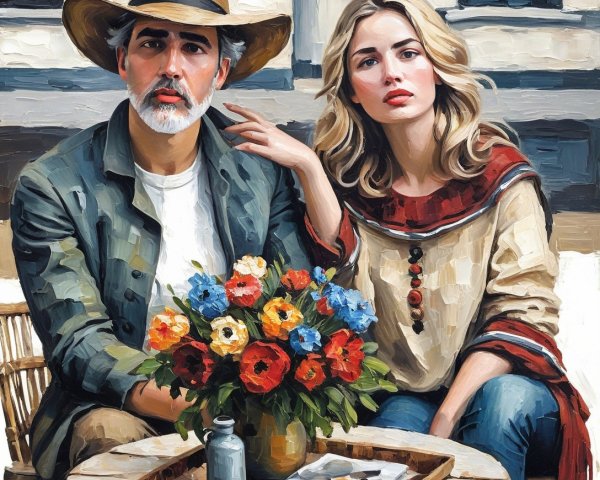 Couple at Rustic Table with Vibrant Flowers in Impressionism