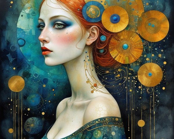 Graceful Woman with Red Hair and Geometric Patterns