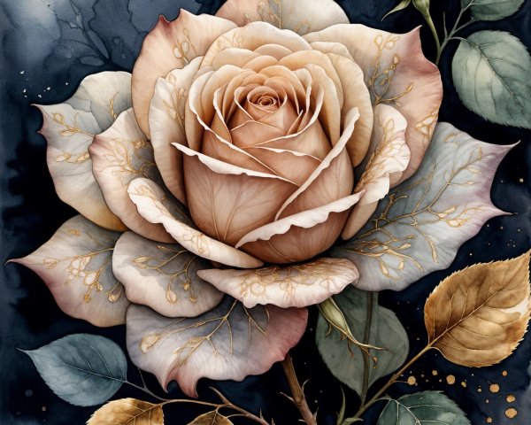 Detailed Illustration of a Beige Rose with Gold Accents