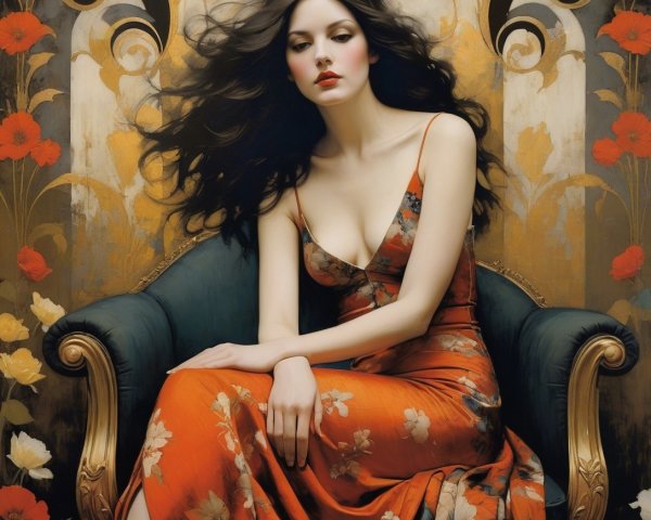 Elegant Woman in Floral Dress on Ornate Chair