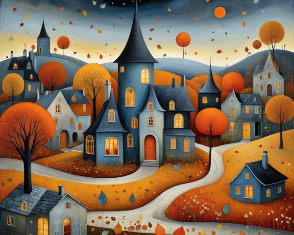 Whimsical Autumn Landscape with Charming Houses and Trees
