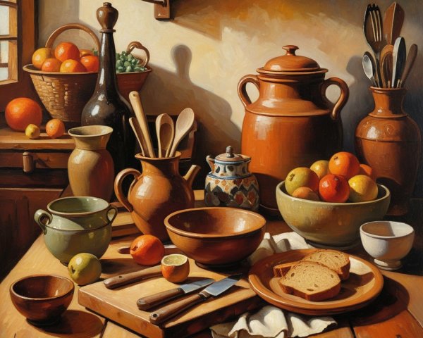 Rustic Kitchen Still Life with Fruits and Ceramics