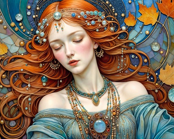 Serene woman with red hair in a tranquil setting