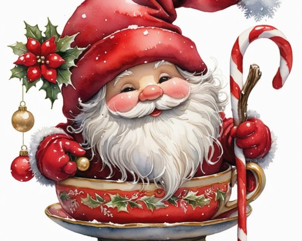 Jolly Santa Claus in Festive Teacup with Ornaments