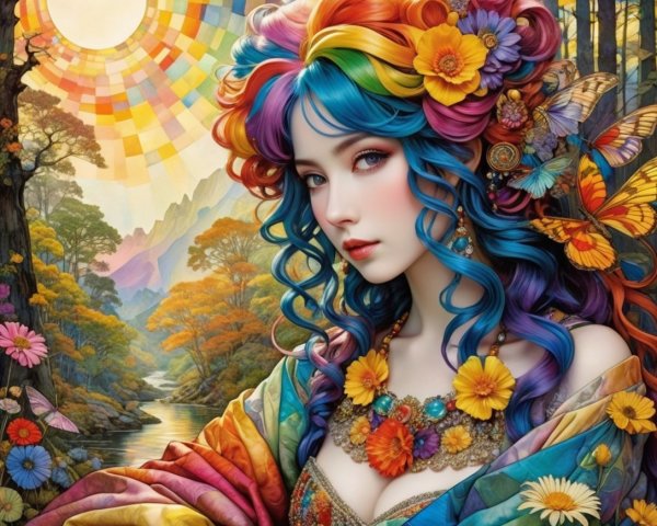 Vibrant Fantasy Portrait of a Young Woman with Rainbow Hair