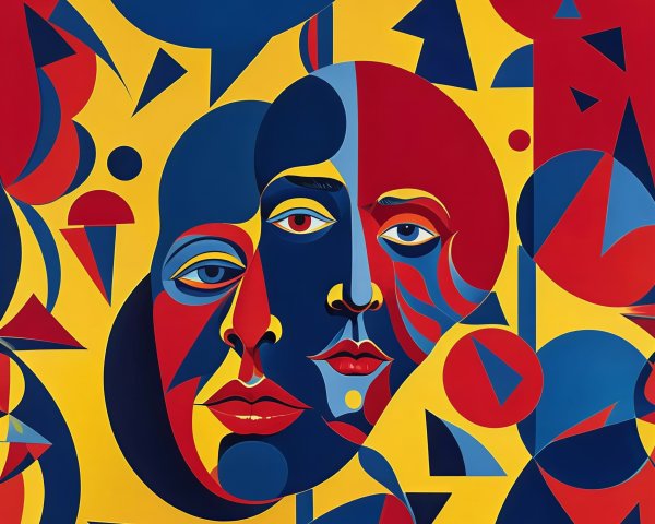 Digital painting of abstract faces in red, blue, yellow