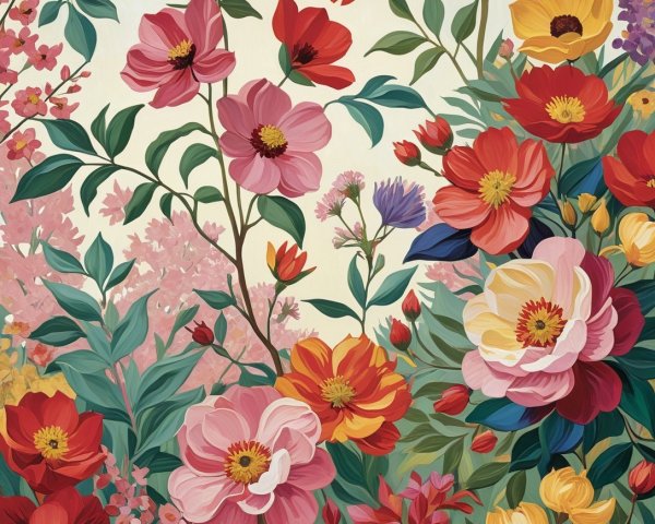Vibrant Floral Pattern with Diverse Blooms and Colors