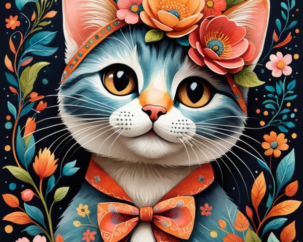 Illustration of a cheerful cat with floral accessories