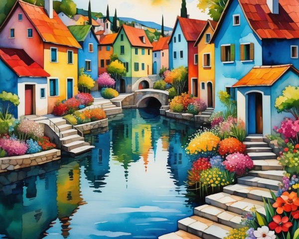 Vibrant Watercolor of a Canal Town with Colorful Houses