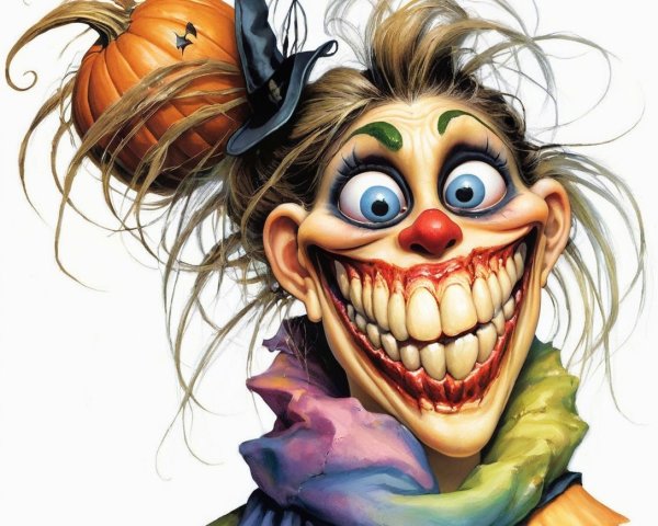 Whimsical Eerie Clown with Sharp Teeth and Hat