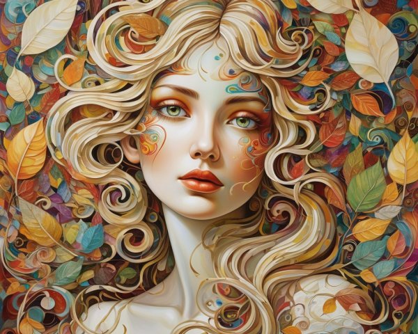 Portrait of a woman with wavy hair and autumn leaves