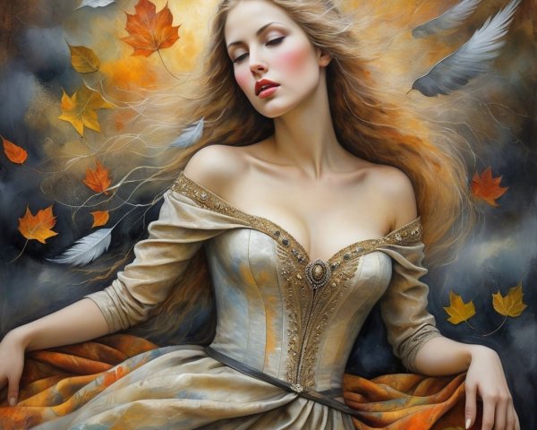Serene Woman in Elegant Gown Surrounded by Leaves