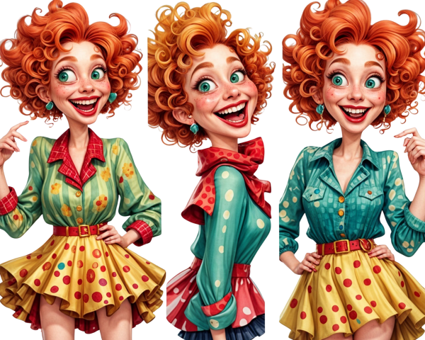 Whimsical Character with Vibrant Red Hair and Dress