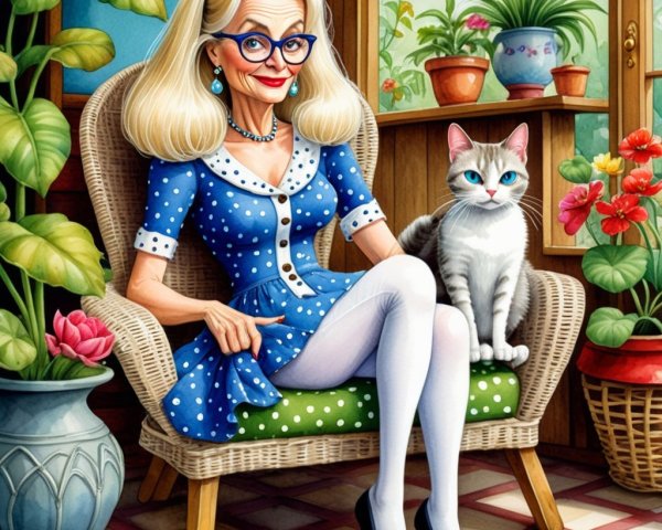 Elegant Woman in Polka-Dot Dress with Cat and Flowers