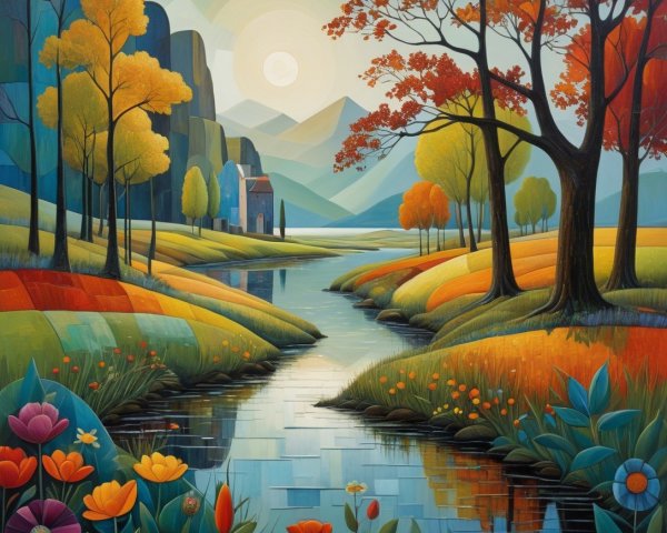 Vibrant Landscape with River and Autumn Foliage