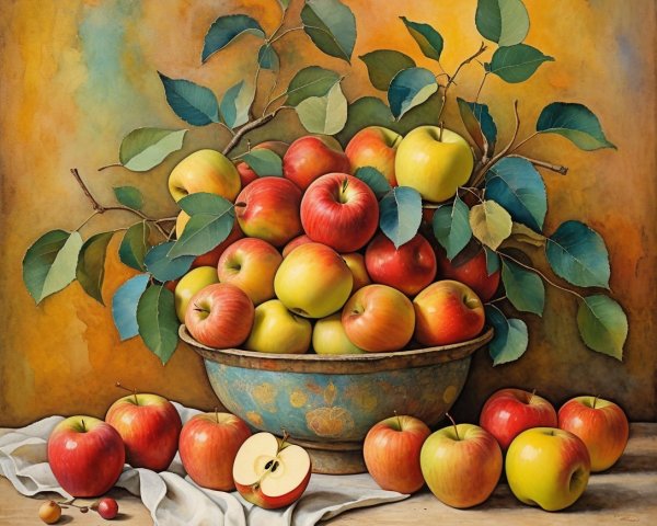 Vibrant Still Life of Apples in Ornate Bowl