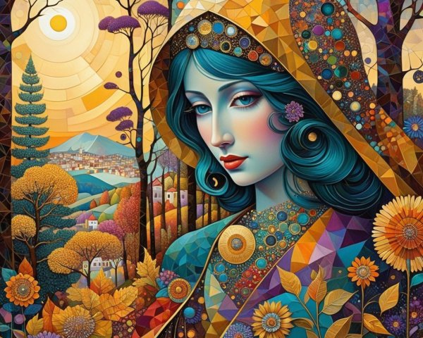 Art Nouveau Stained-Glass Style Woman in Nature Scene