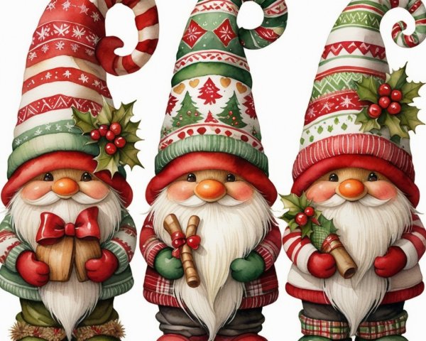 Cheerful gnomes in festive attire with holiday items