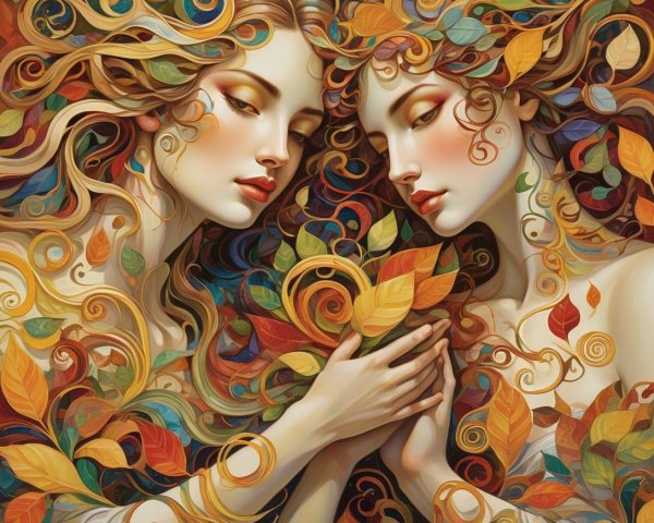 Ethereal Women with Autumn Leaves and Intricate Hair