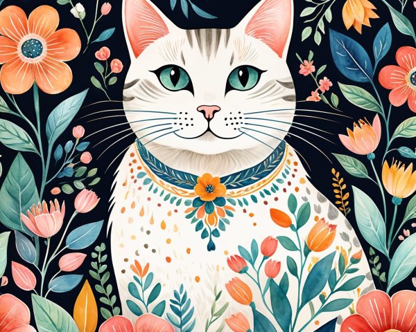 Illustration of a white cat with green eyes and flowers