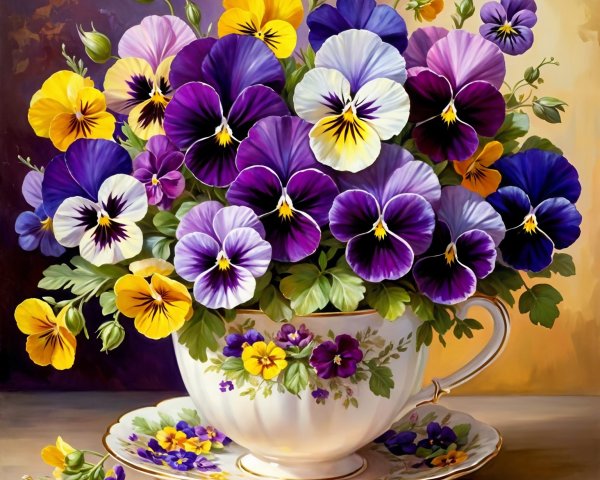 Vibrant Pansy Bouquet in Porcelain Teacup Display